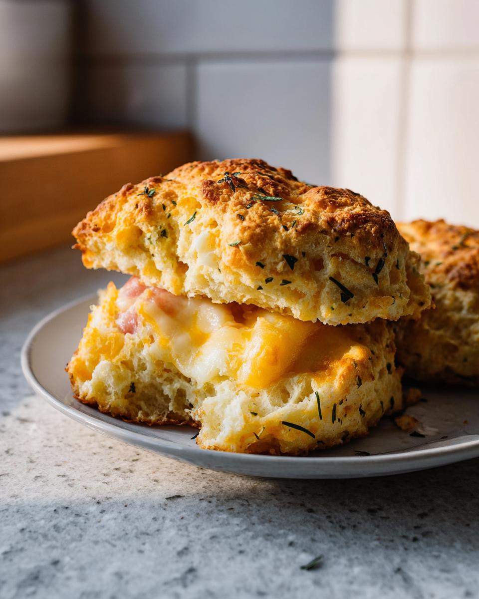 A close-up of cheesy ham biscuits, a perfect breakfast idea, with melted cheese and ham filling.