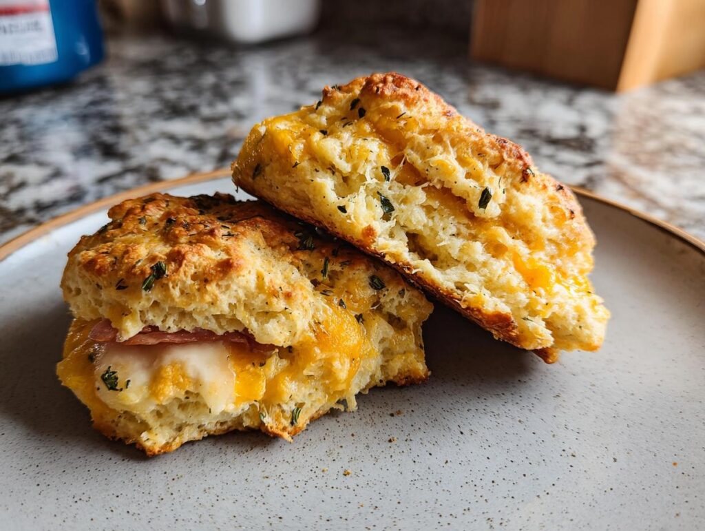 Close-up of cheesy ham biscuits, a perfect breakfast idea, with melted cheese and herbs.