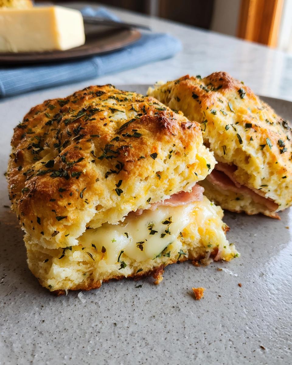 Close-up of a delicious ham and cheese biscuit sandwich, a perfect breakfast idea, with melted cheese oozing out.