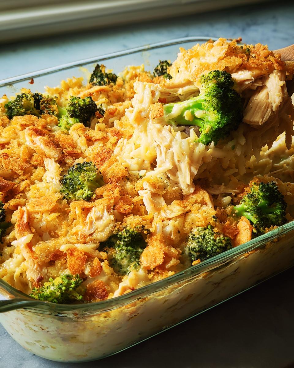 A scoop of creamy chicken broccoli rice casserole with a crispy breadcrumb topping.