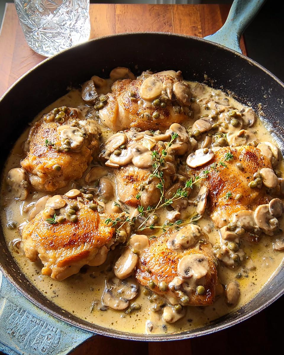 Golden brown chicken thighs simmered in a creamy mushroom and caper sauce, garnished with fresh thyme.