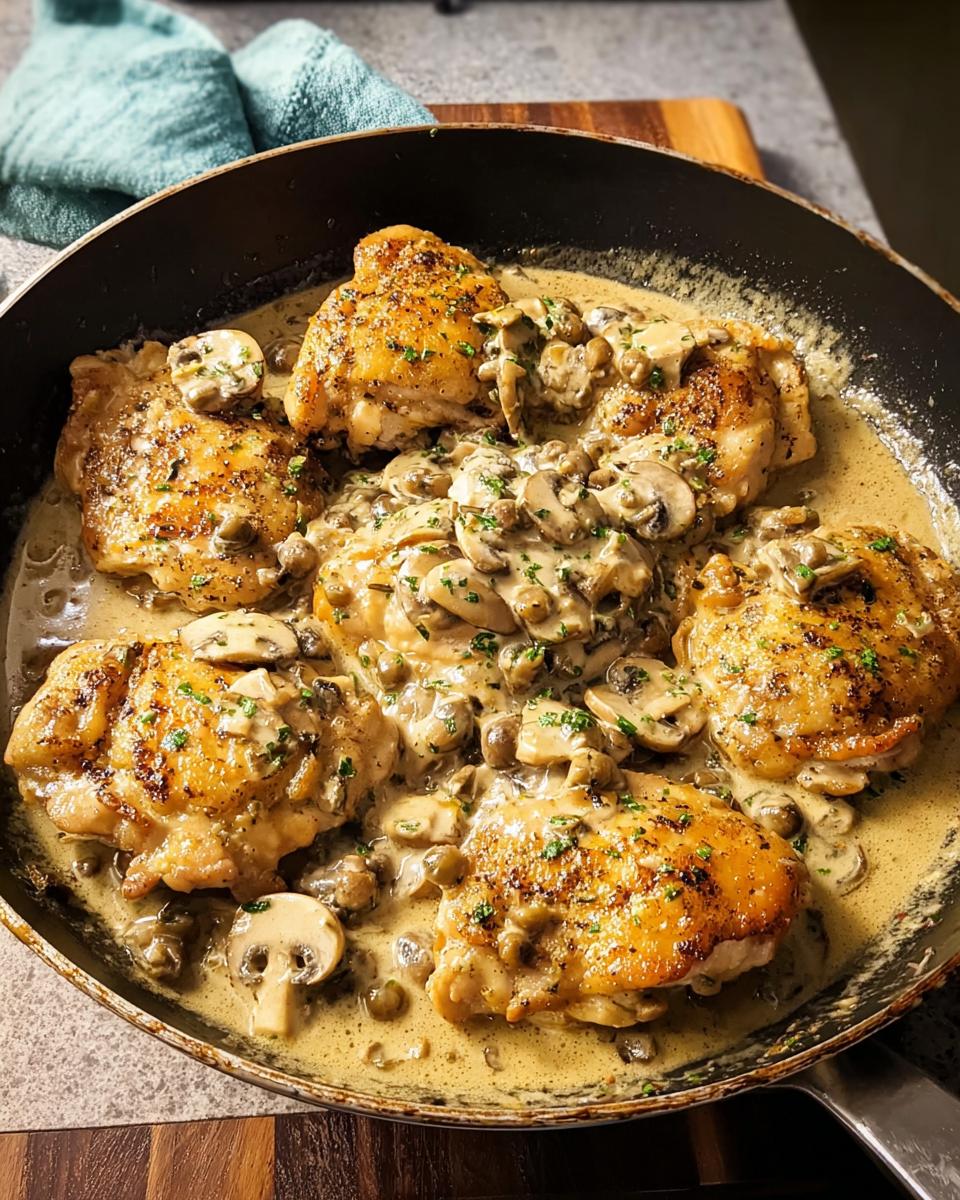 Golden-brown chicken thighs simmered in a rich, creamy mushroom sauce with capers and herbs. Perfect chicken dish.