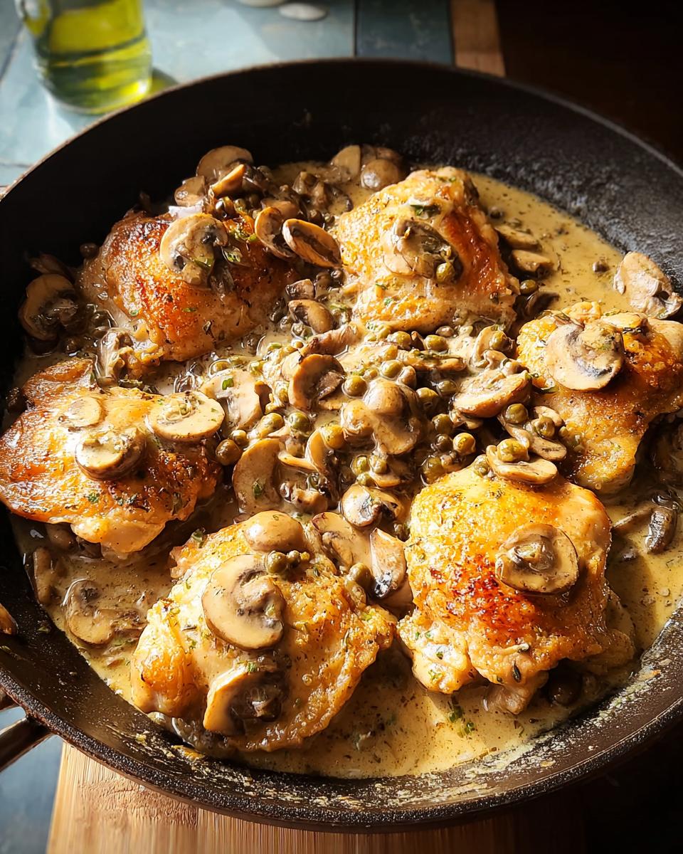 A pan of perfectly cooked chicken thighs in a creamy mushroom and caper sauce, a delicious dish.