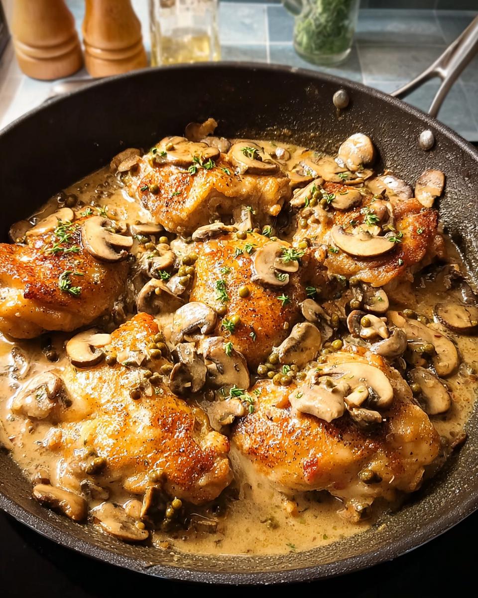 Close-up of perfectly cooked chicken thighs in a creamy mushroom and caper sauce, garnished with fresh herbs.