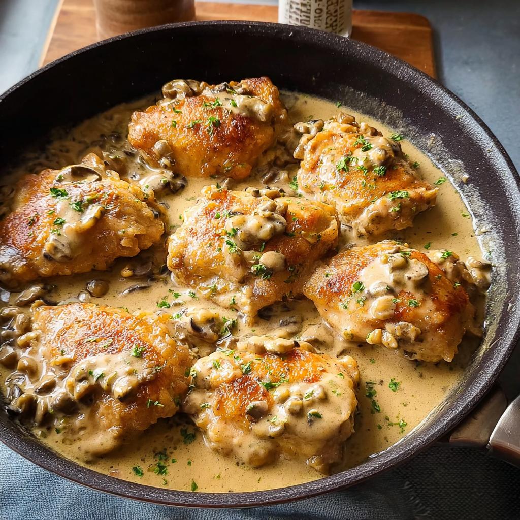 Close-up of perfectly cooked chicken thighs in a creamy mushroom sauce, garnished with parsley.