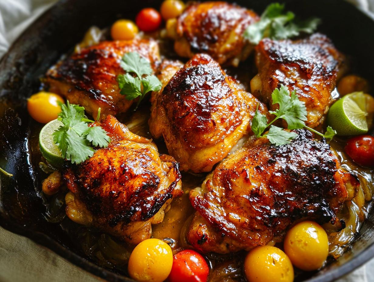 Close-up of juicy, glazed chicken thighs in a cast iron skillet, garnished with cilantro, lime, and cherry tomatoes.