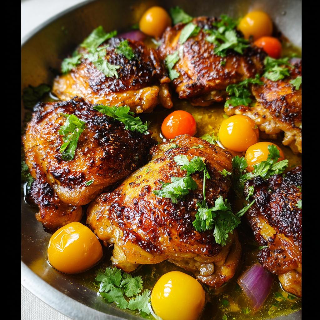 Close-up of juicy, pan-seared chicken thighs with crispy skin, garnished with fresh cilantro, cherry tomatoes, and red onion.