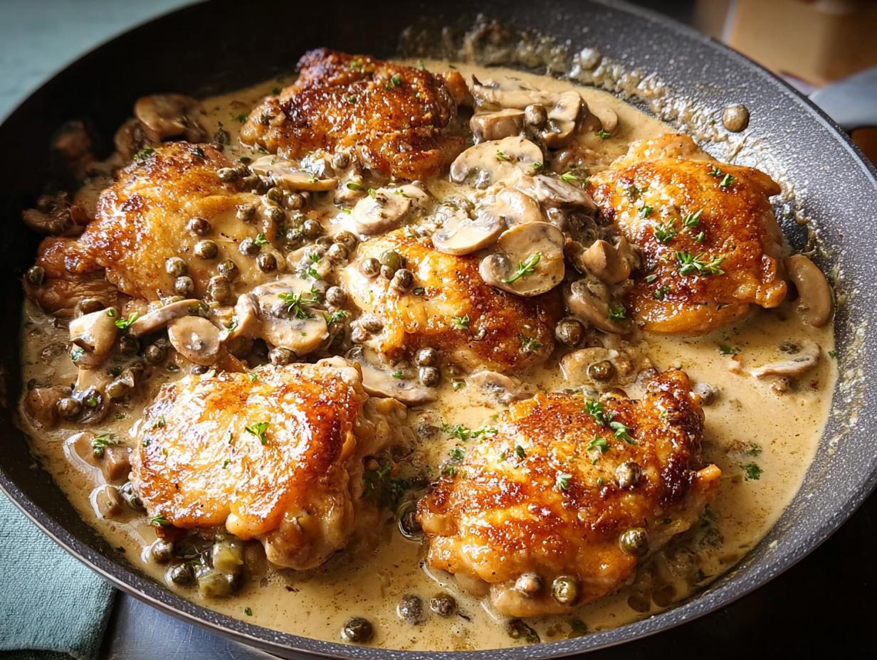 Close-up of perfectly cooked chicken thighs in a creamy mushroom and caper sauce.