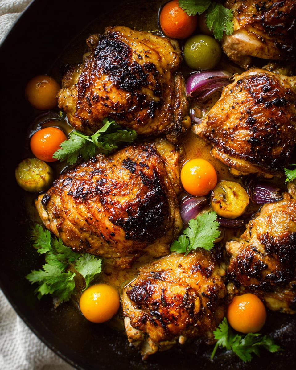 Close-up of perfectly cooked chicken thighs with crispy skin, surrounded by cherry tomatoes, red onion, and cilantro.