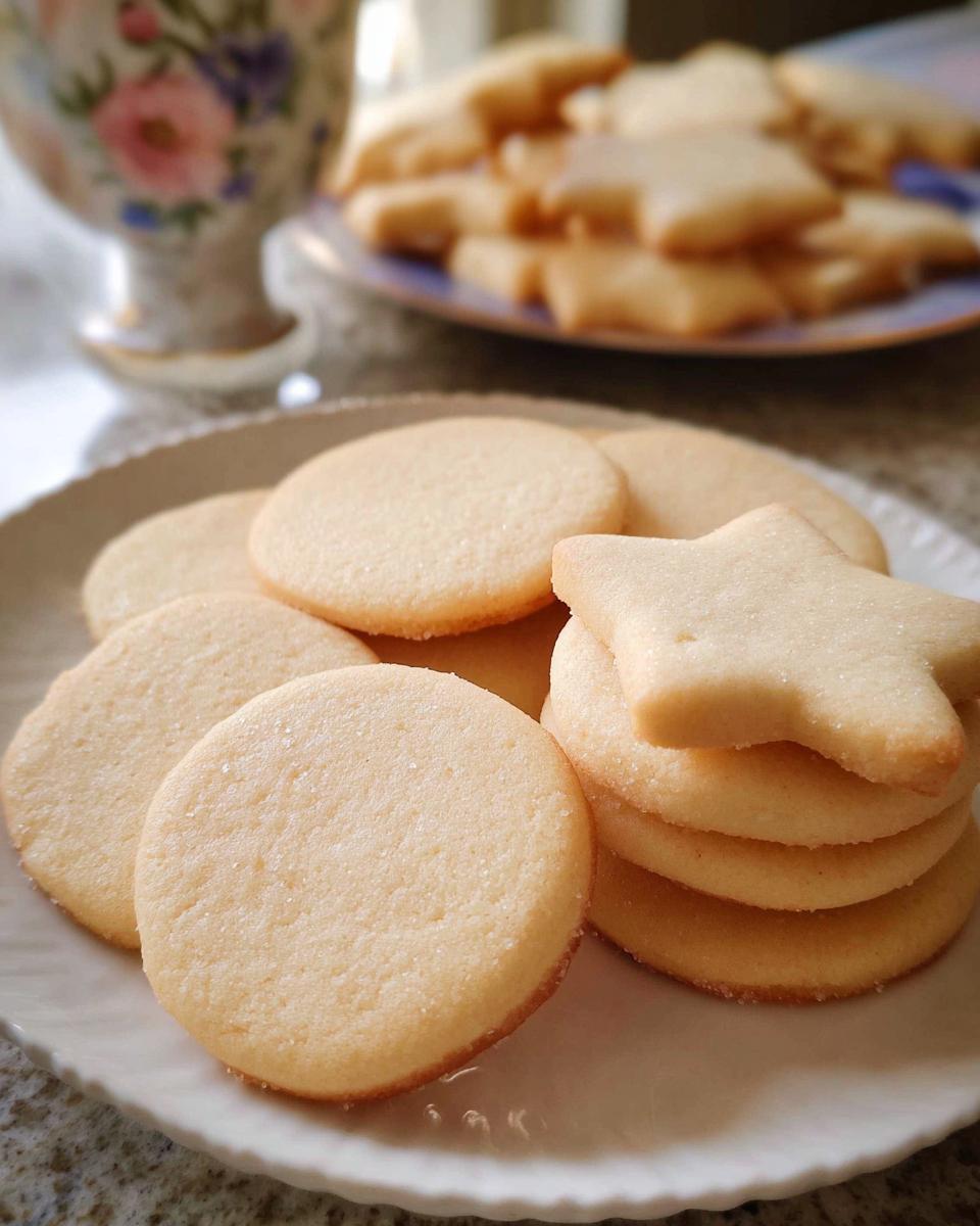 Close-up of perfectly baked Cutout Sugar Cookies, round and star shapes, on a white plate.