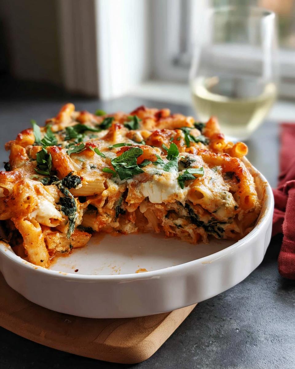 A delicious baked pasta dish with spinach and cheese, a perfect dinner idea.