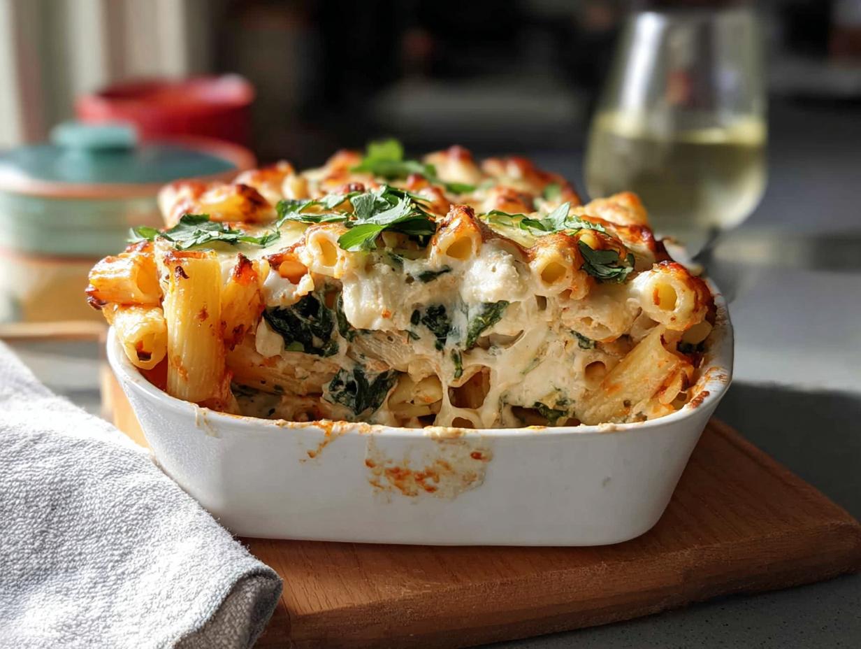 A close-up of a creamy baked pasta dish with spinach and cheese, a perfect dinner idea.