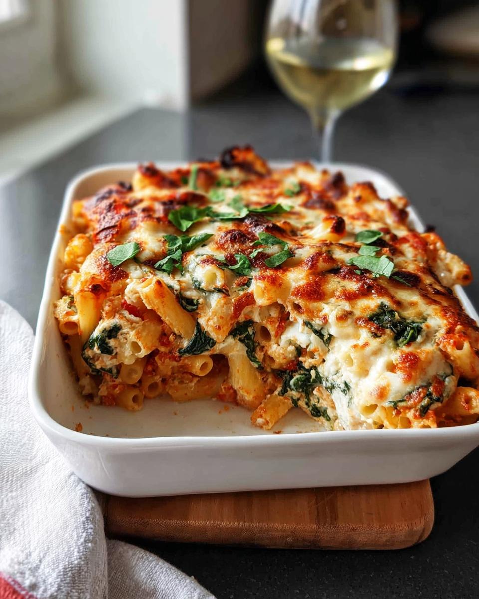 A perfect dinner idea: a close-up of a baked ziti casserole with spinach and melted cheese, garnished with parsley.