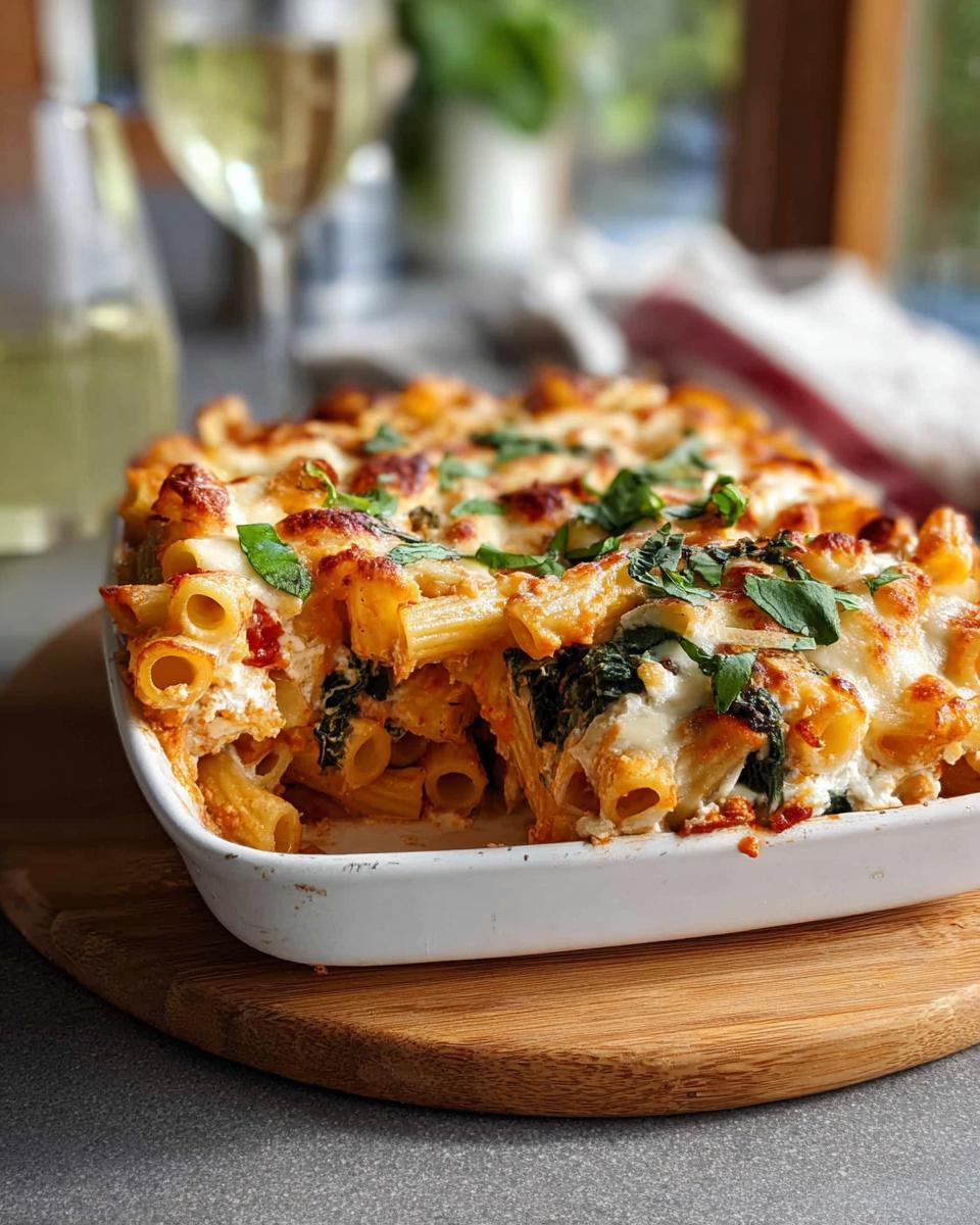 A golden-brown baked ziti with spinach and melted cheese, a perfect dinner idea.