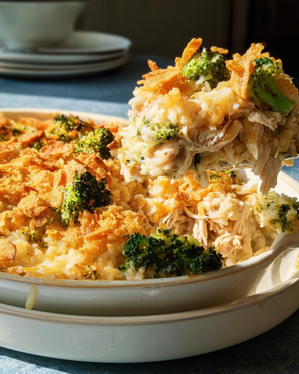 A serving of chicken broccoli casserole with rice and a crispy topping, showcasing perfect dinner recipes.