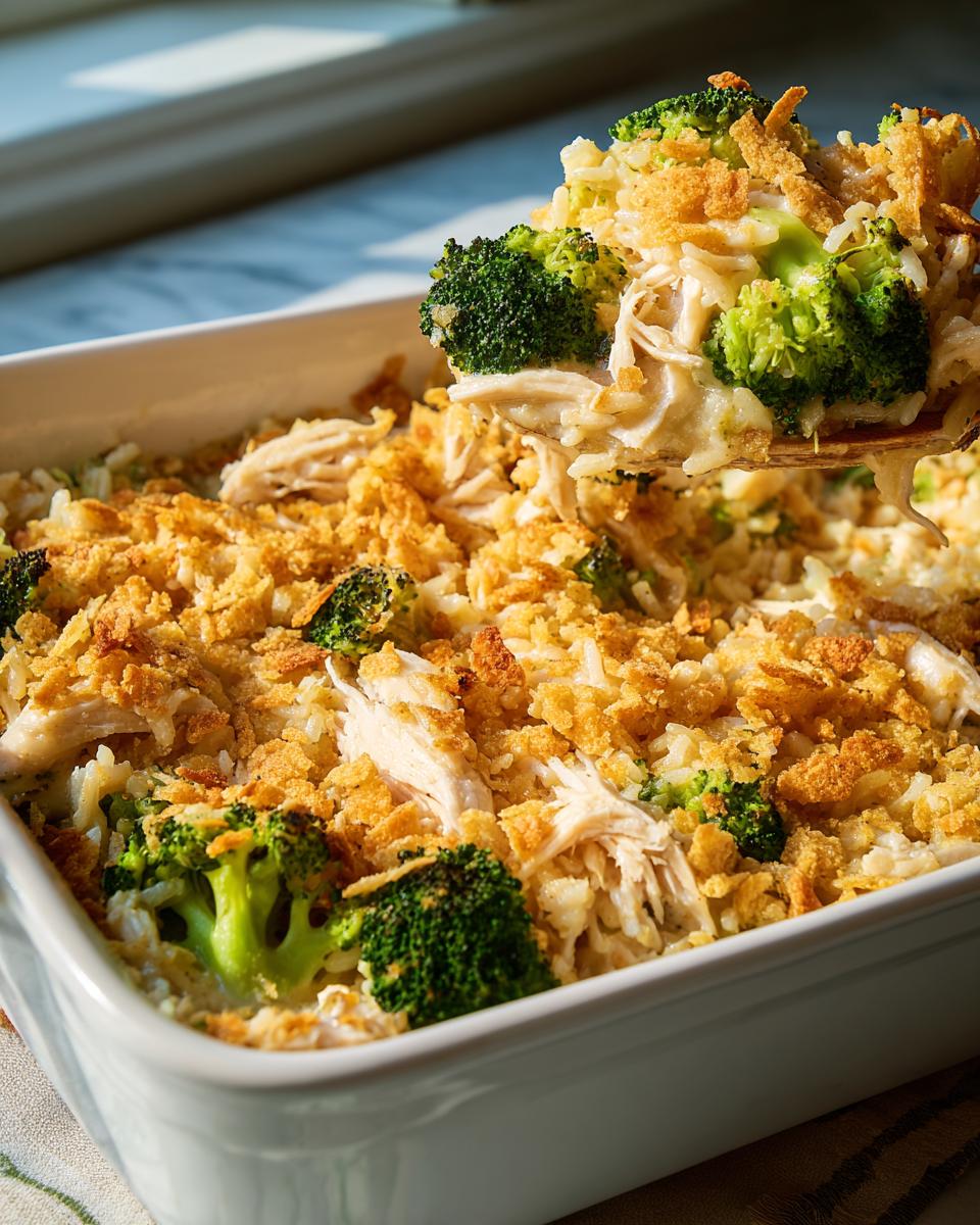 A spoonful of chicken broccoli rice casserole, showing shredded chicken, rice, broccoli florets, and a crispy breadcrumb topping.