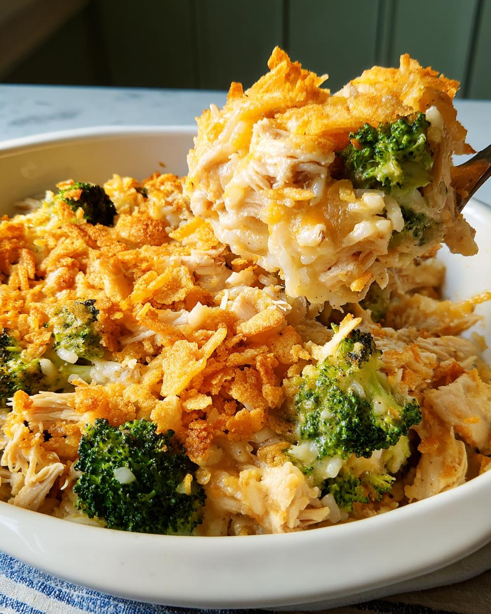 A spoonful of creamy chicken broccoli casserole with a crispy topping, perfect for a perfect dinner recipe.