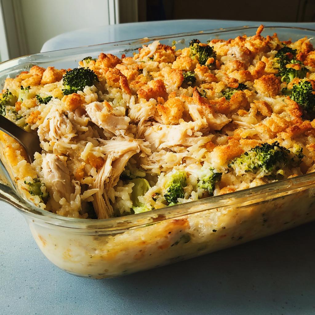 A close-up of a golden-brown baked chicken, broccoli, and rice casserole in a glass dish, ready to be served.