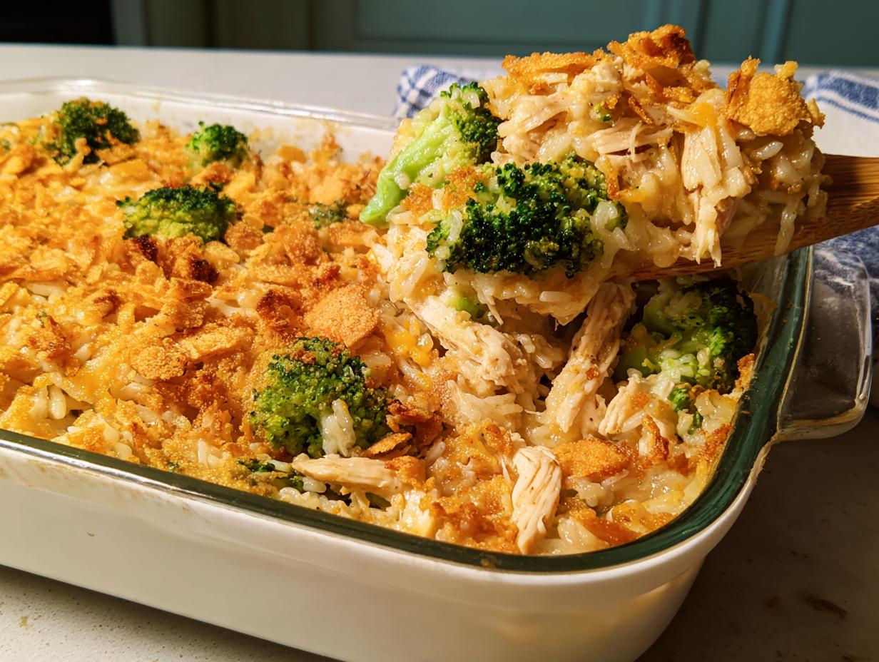 A spoonful of chicken broccoli rice casserole being lifted from a baking dish, showcasing shredded chicken, rice, broccoli florets, and a crispy topping.
