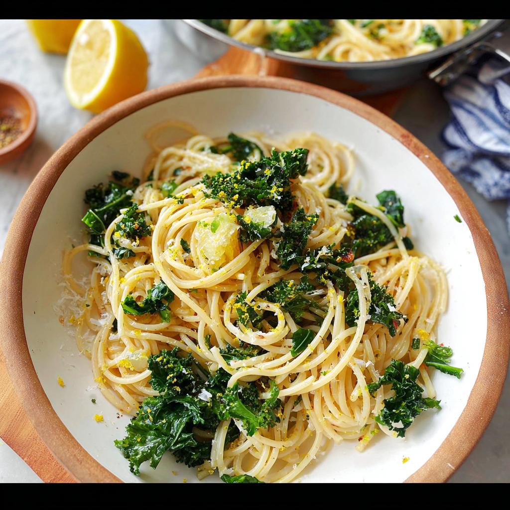 A vibrant bowl of spaghetti with kale and lemon zest, showcasing a perfect easy dinner recipe.