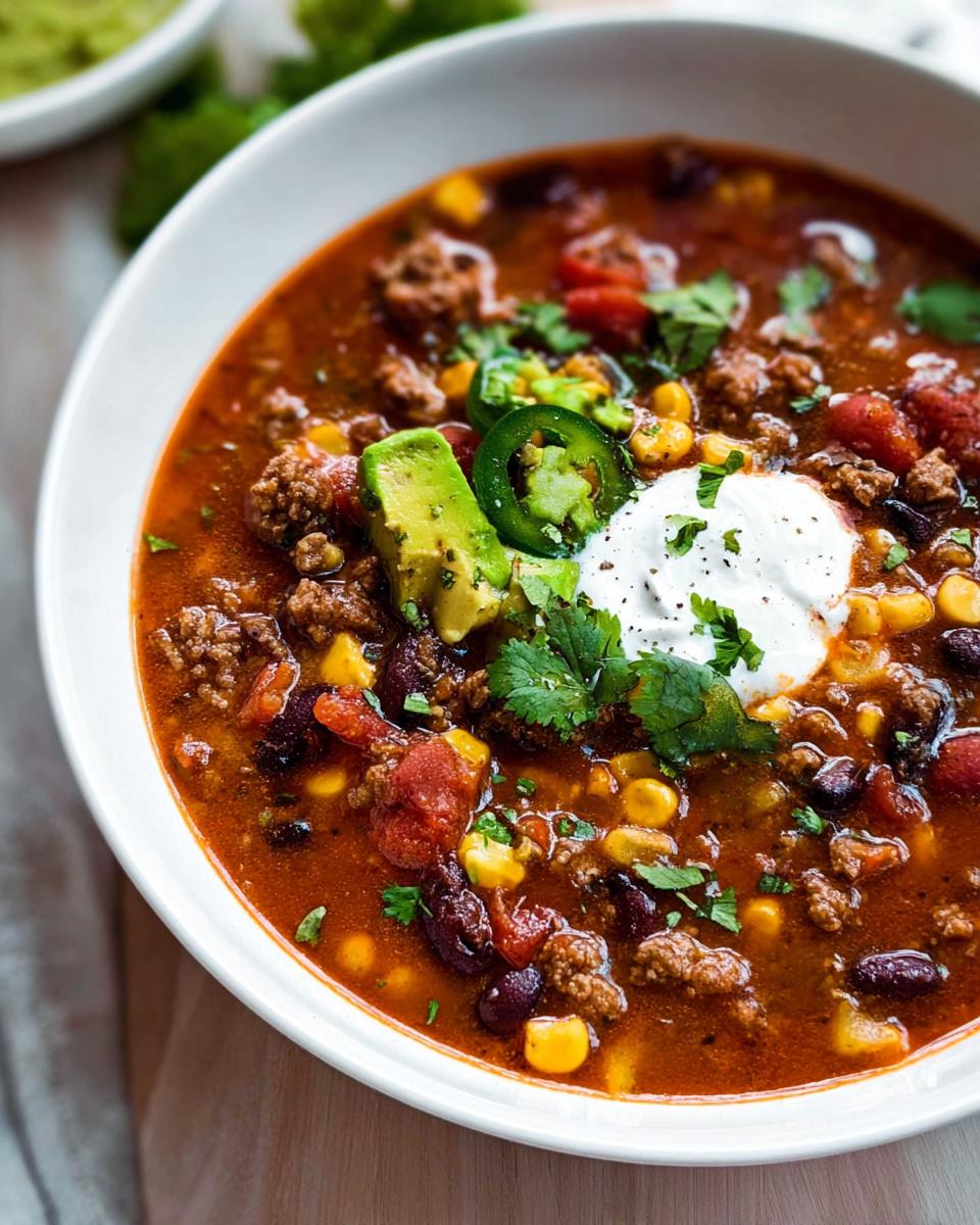 A hearty bowl of chili made with ground beef, beans, corn, tomatoes, and topped with avocado, jalapeños, and sour cream.