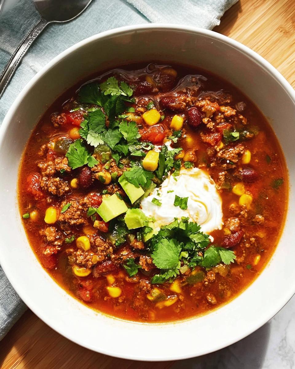 A bowl of hearty chili made with ground beef, beans, corn, and topped with avocado, cilantro, and sour cream.