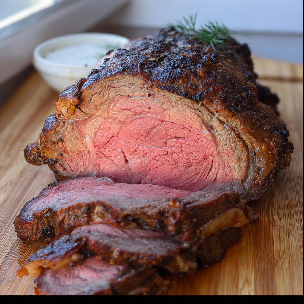 A perfectly cooked prime rib roast sliced to show a medium-rare center, ready for Prime Rib Time & Temp Chart reference.
