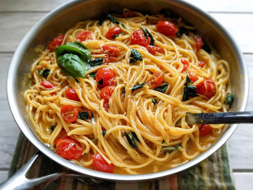 Close-up of a perfect pasta recipe with spaghetti, cherry tomatoes, and basil in a pan.
