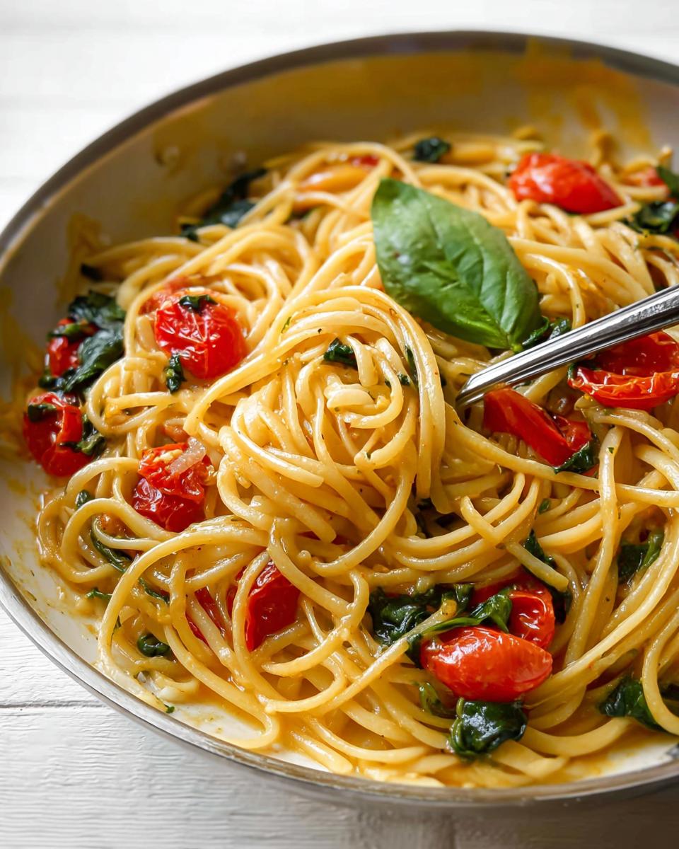 Close-up of a pan filled with spaghetti, cherry tomatoes, spinach, and basil, showcasing a perfect pasta recipe.