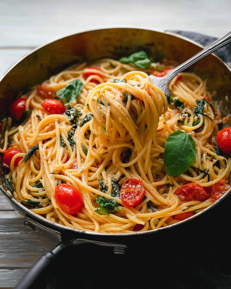 A fork twirling spaghetti from a pan, showing cherry tomatoes and basil in this perfect pasta recipe.