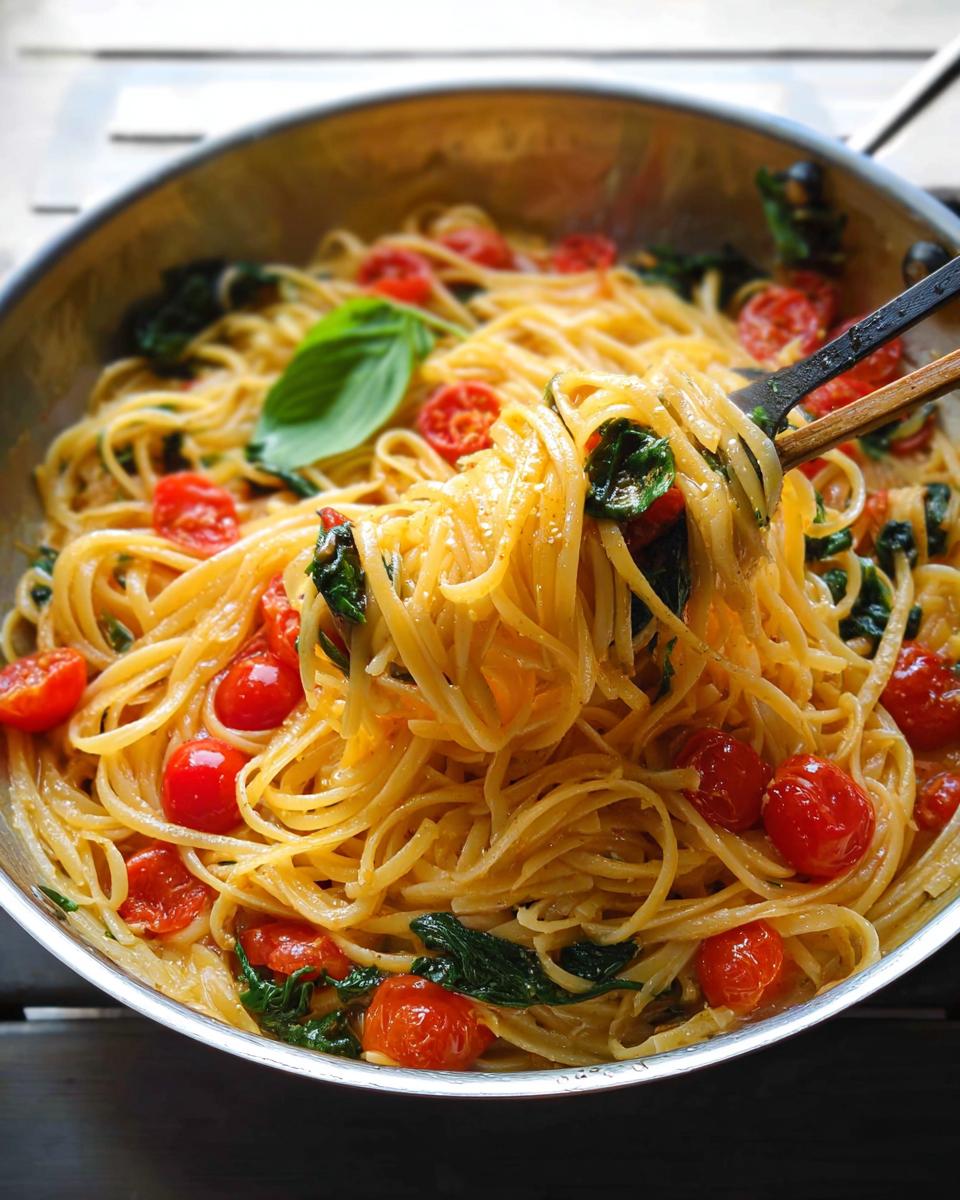 Close-up of a perfect pasta recipe with cherry tomatoes, spinach, and basil in a pan.