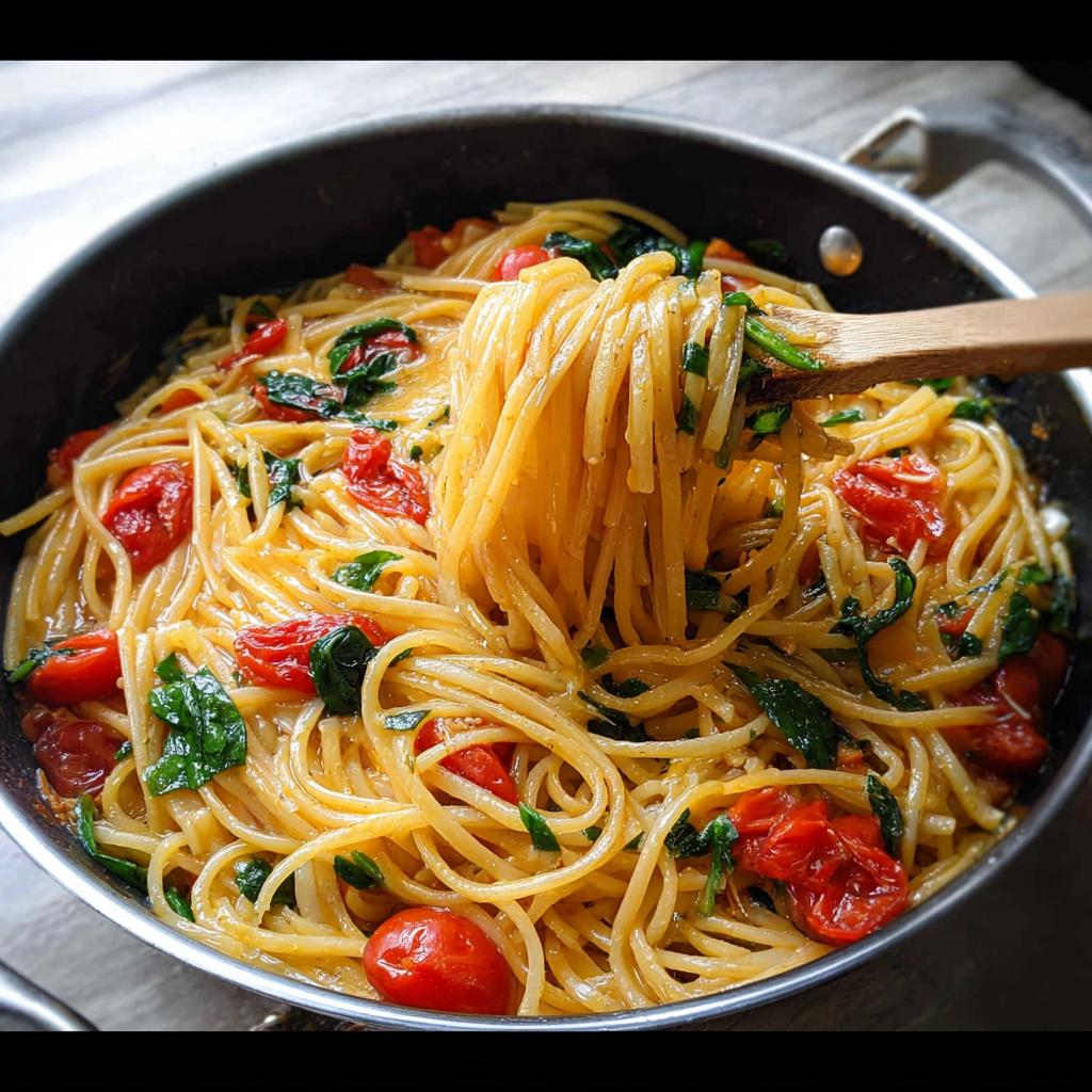 A close-up of spaghetti with cherry tomatoes and spinach, being lifted with a wooden spoon, showcasing perfect pasta recipes.