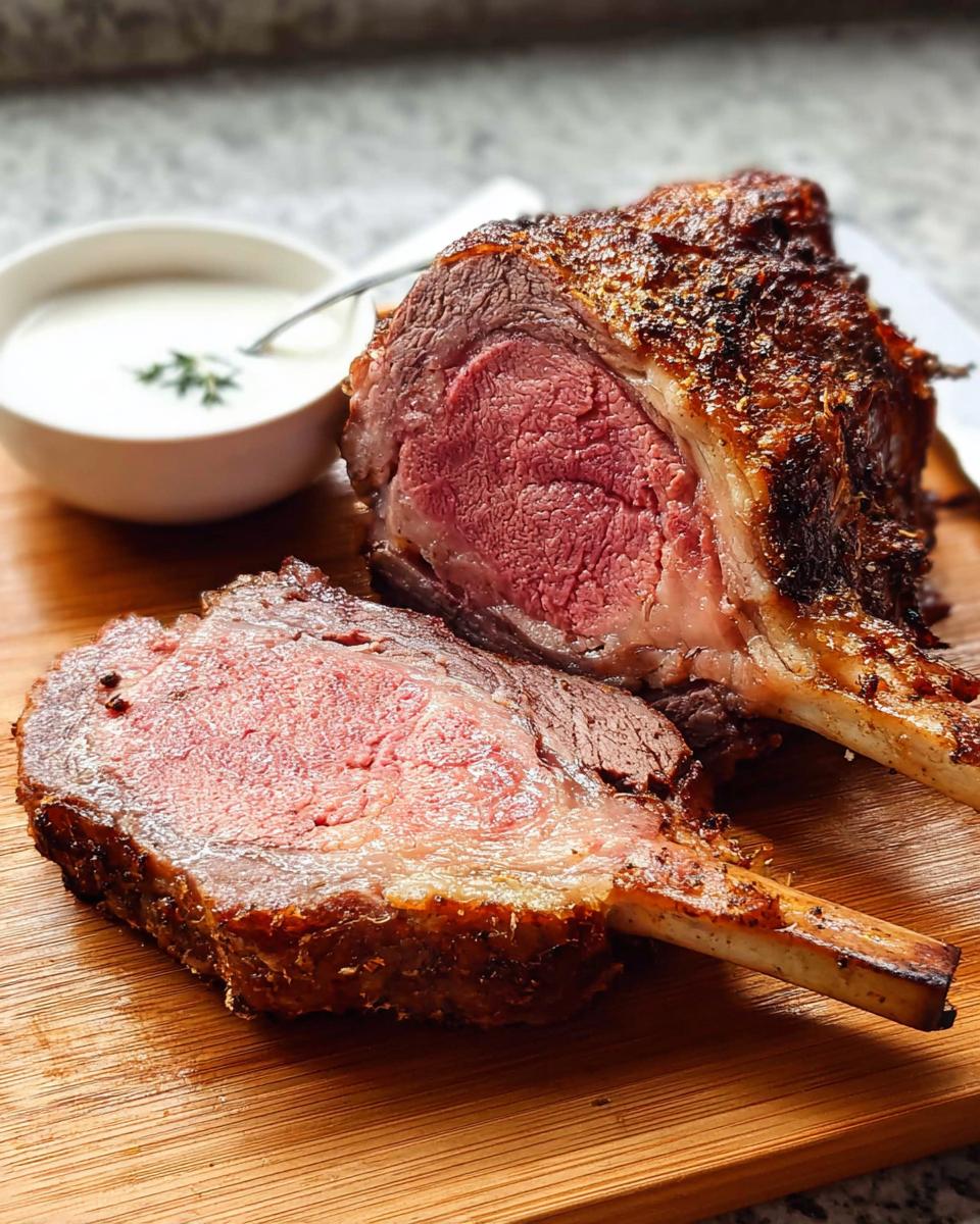 A perfectly cooked Prime Rib roast sliced open on a wooden board, showing a medium-rare center and crispy crust.