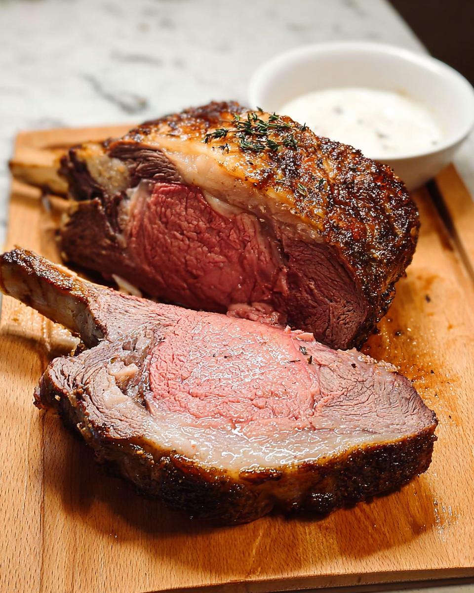A perfectly cooked Perfect Prime Rib, sliced to show a medium-rare center, resting on a wooden board with a side of horseradish sauce.