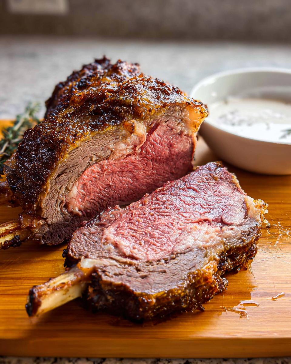 A perfectly cooked Perfect Prime Rib roast, carved to show a juicy, medium-rare center on a wooden board.