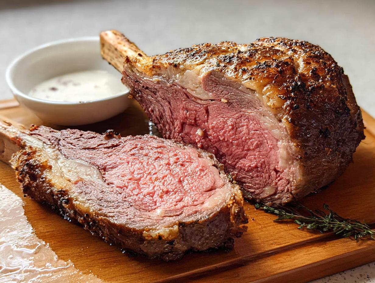 A perfectly cooked Prime Rib roast, partially sliced to show a medium-rare center, resting on a wooden board with au jus.