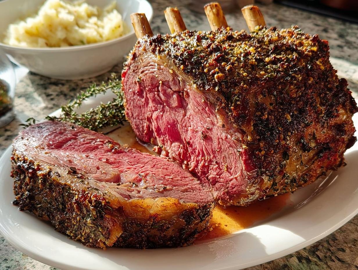 A cross-section view of a juicy, medium-rare Prime Rib roast featuring a dark herb crust and exposed bones.