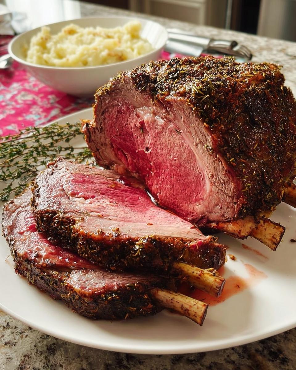 A perfectly cooked Prime Rib roast, sliced to show a juicy, medium-rare center and herb crust, served with mashed potatoes.