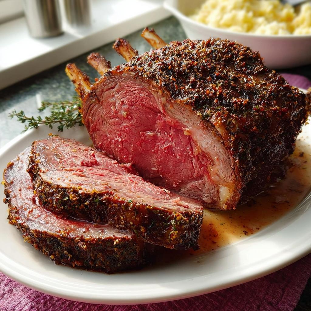A perfectly cooked Prime Rib roast, sliced to show a medium-rare center and a dark herb crust.