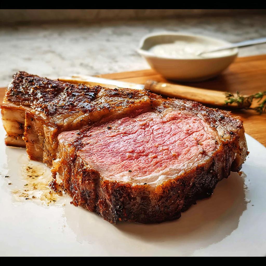 A thick slice of perfectly cooked Perfect Prime Rib roast showing a beautiful medium-rare pink center and seared crust.