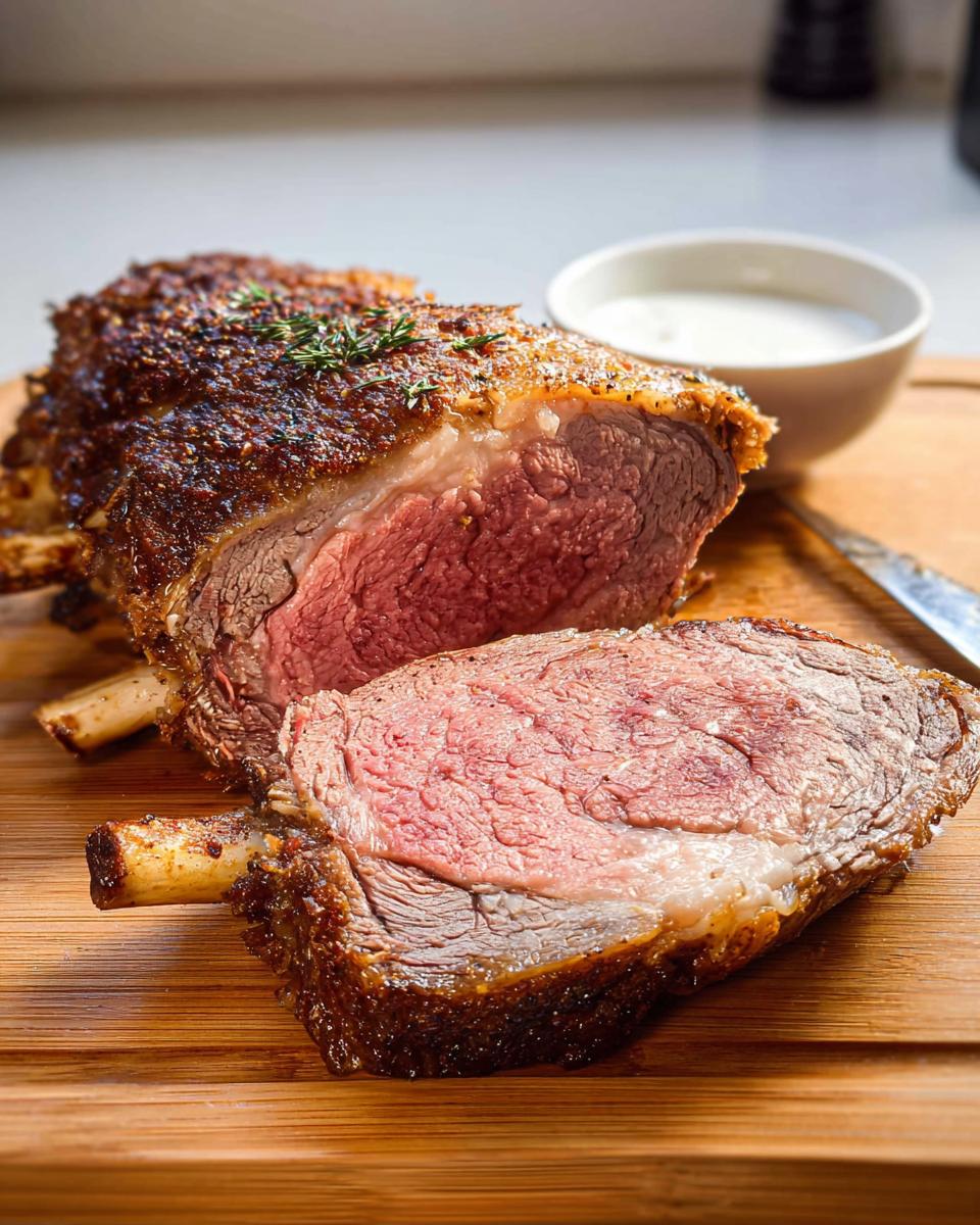 A perfectly cooked Perfect Prime Rib, sliced to show medium-rare interior, resting on a wooden board with au jus.