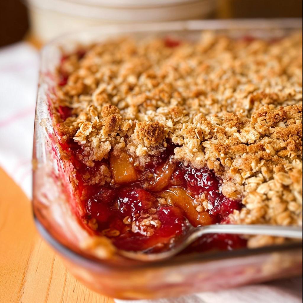 A close-up of a bubbly fruit crumble, a perfect Thanksgiving dessert, with a golden oat topping and rich berry filling.