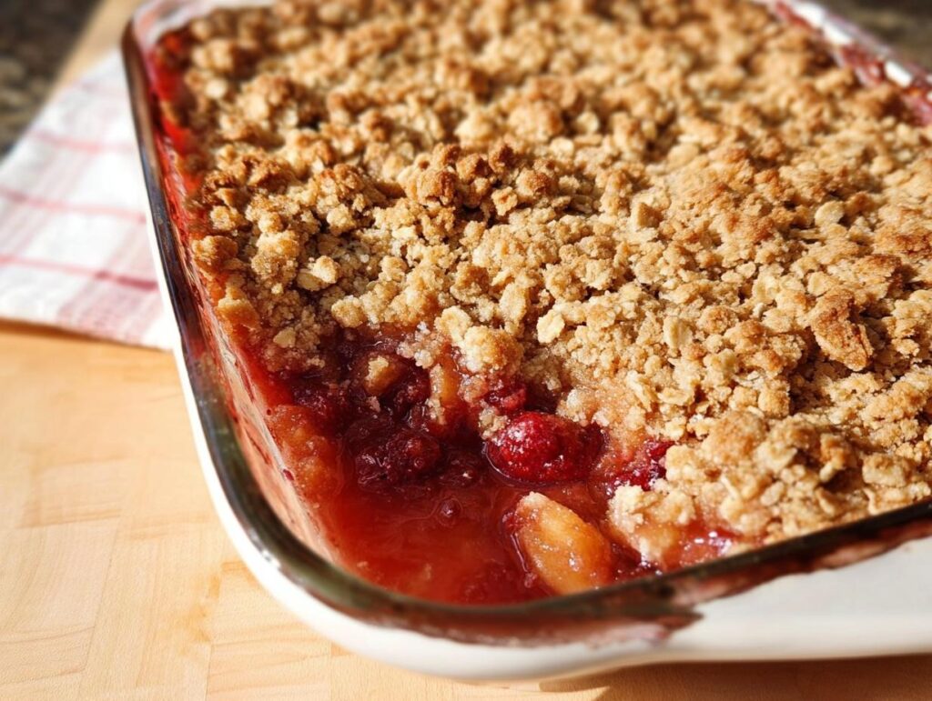 A close-up of a bubbling fruit crumble, a perfect Thanksgiving dessert, in a glass baking dish.