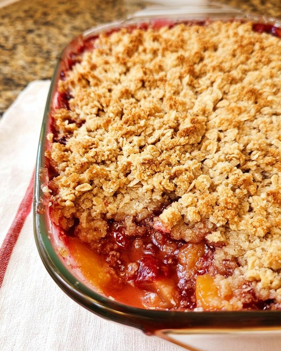 Close-up of a bubbly fruit crumble with a golden brown topping, perfect for Thanksgiving desserts.