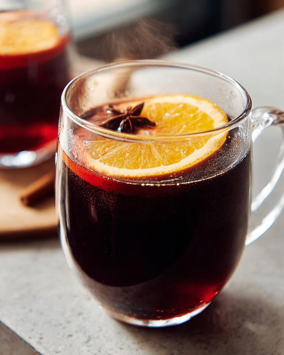 Close-up of a steaming mug of mulled wine, garnished with an orange slice and star anise, perfect for Thanksgiving drinks.