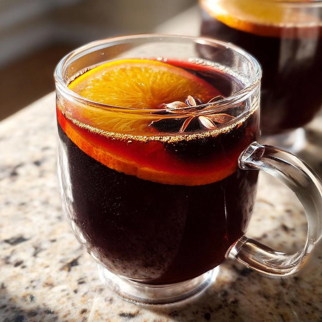 Close-up of a glass mug filled with mulled wine, garnished with an orange slice and star anise. Perfect Thanksgiving drinks.