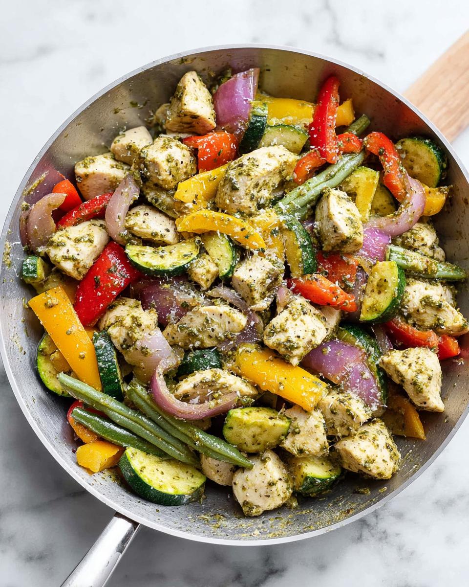 A colorful skillet filled with pesto chicken, zucchini, bell peppers, red onion, and green beans, perfect for easy dinner recipes.
