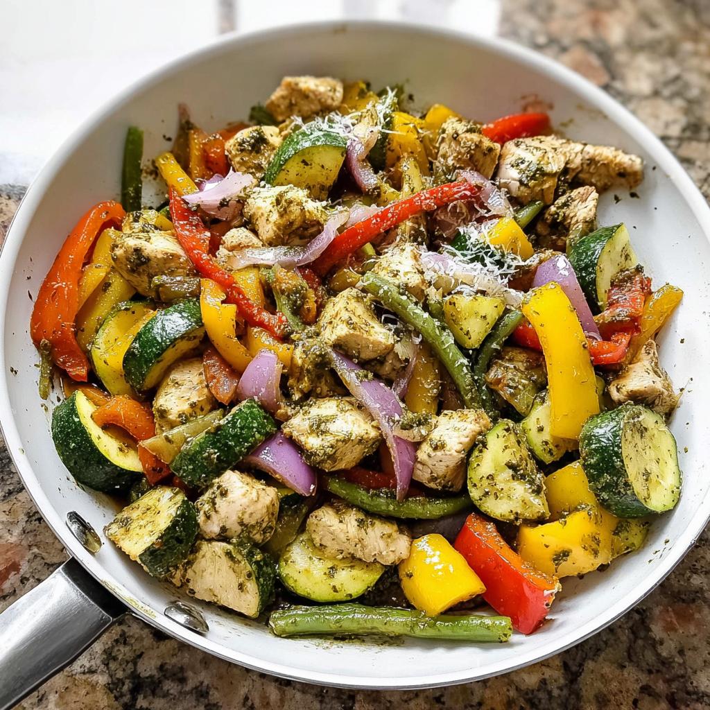 A colorful skillet filled with pesto chicken, zucchini, bell peppers, red onion, and green beans, perfect for easy dinner recipes.