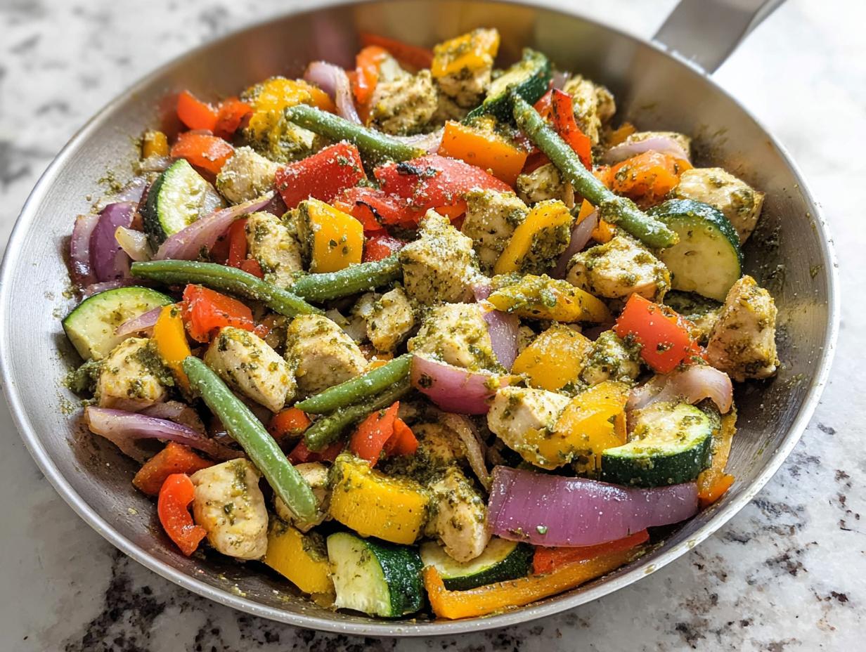 Close-up of a skillet filled with pesto chicken, zucchini, bell peppers, red onion, and green beans, perfect for easy dinner recipes.