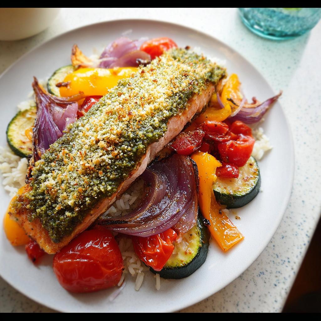 A serving of Pesto Salmon with Roasted Veggies served over white rice on a white plate.